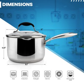 AVACRAFT Stainless Steel Saucepan with Glass Lid, Strainer Lid, Two Side Spouts for Easy Pour with Ergonomic Handle, Multipurpose Sauce Pan, Sauce Pot (5-Ply Capsule Bottom, 3.5 Quart)