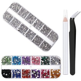 2 Boxes Rhinestones for Nail Art Craft, 6 Size(ss4-ss16) Nail Gems Flatback Rhinestone for Crafts, Jewels Diamonds Stone Kit with Picking Pen and Tweezers (Mixed+White)