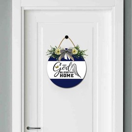 DLONVOH God Bless Our Home Sign for Front Door Porch Farmhouse Rustic Wooden Bless Sign Wall Decor For Home Decor Living Room Thanksgiving Decorations,Blue