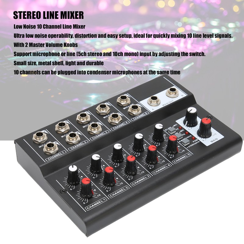 10 Channel Mixer Low Noise Stereo Line Mixer with 2