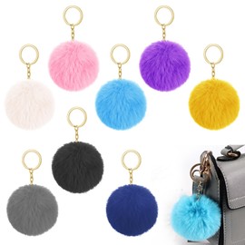 YqsIbth Pom Pom Fluffy Keyring, 8 PCS Fluffy Keyring Soft Plush Charm Ring Keyfob, 8cm Faux Fur Balls Bag Pendant Keychain Decoration for House Key for Women Mother's Day Gifts