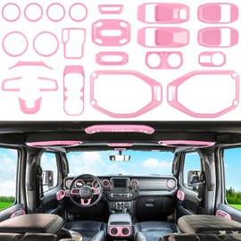 23PCS Full Set Interior Decoration Trim Kit for Jeep Wrangler JL JLU Gladiator JT 2018-2023 Steering Wheel Door Handle Air Conditioning Vent Cup Holder Reading Light Headlight Switch Gear Cover (Pink)