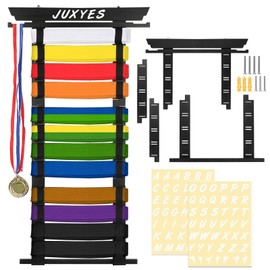 JUXYES Wall Hanging Martial Arts Belts Organizer for 8 12 Belts with Medal Hanger and Stickers, Bamboo Karate Belt Display Holder Rack, Taekwondo Belt Display Holder for Martial Arts Learners, Black