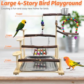 kathson Wood Bird Playground Parrot Play Stand with Feeder Cups Parakeet Perch Stand with Ladder Hanging Swing Chewing Toys Conure Cage Accessories for Parakeet Conure Lovebird Cockatiel
