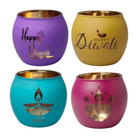 Glass Diwali Candle Holder - 4 Pcs Colorful Festival Tea Light Holders