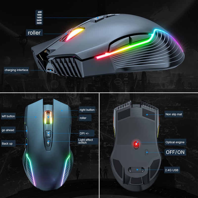 Wireless Mouse 2.4G Rechargeable USB RGB Professional Grade Optical Sensor