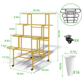 Floral Display Stand with 16 White Flower Baskets, 4-Layers Cart Display Stand with Wheels ,Sturdy Mobile Flower Bouquet Rack for Courtyard, Garden, Flower Shop, Living Room, Balcony, with Lockable Rotating Wheels (Gold)
