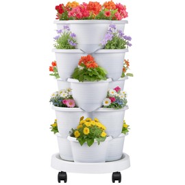VECELO 5 Tier Vertical Garden Planter, Self Watering Stackable Planters with Wheels for Strawberries, Herbs, Flowers, Vegetables, White