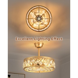 Hpxnionthr 20" Gold Crystal Caged Ceiling Fan with Light, Bladeless Fandelier Chandelier Fan, 6-Speed Reversible Quiet Motor with Remote, LED Ceiling Fan Pole Mount for Bedroom Living Room