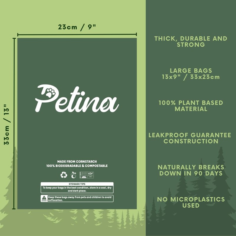Petina 100% Compostable Dog Poop Bags, Plastic-Free & Microplastic-Free, Made