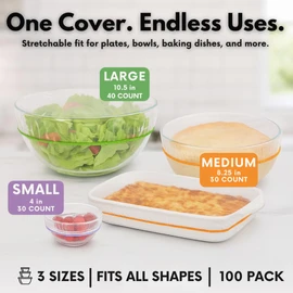 Kitchen Strong Plastic Bowl Covers, Elastic Reusable Food Covers for Bread Proofing, Storage & Outdoor Use – 100 Pack, Stretch Fit, 3 Sizes