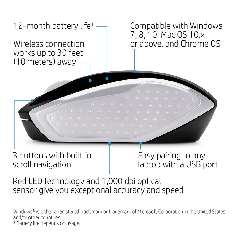HP Wireless Mouse 200 (Black/Silver, 2HU84AA)