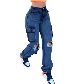 Women's Distressed Ripped Cargo Jeans High Waisted Straight Leg Denim Pants Boyfriend Y2K Streetwear Pants Navy Blue