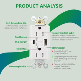 Wengart GFCI Outlet with USB in-Wall,15A Self-Test with LED Indicator Tamper Resistant DC5V 4.8A Charger Outlet with USB Type A & TypeC,White