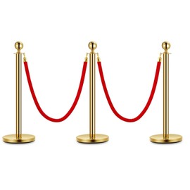 3PCS Gold Stanchions and 2 Red Velvet Ropes, Stainless Steel Red Carpet Ropes and Poles, Velvet Rope Barrier Stanchion Post for Party, Museums,Hotels Crowd Control-5ft Red Rope,4 Way Connections