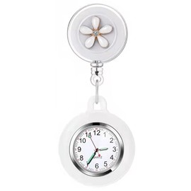 AGEN KGEN Nurse Watch for Nurses Doctors Clip on Hanging Nurse Watches Fine Retractable Fob Watch Portable Pocket Watch Lapel Watch (Flower White)