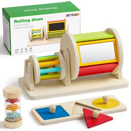 Atoylink Montessori Baby Spielzeug ab 0 3 6 9 Monate, Sensorik Spielzeug mit Spinning Drum & Regenmacher Baby & Steckpuzzle, Holzspielzeug Motorikspielzeug Babyspielzeug Geschenk 1 Jahr