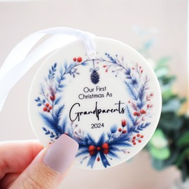 Our First Christmas As Grandparents 2024 Xmas Decoration. Navy Blue and Red Wreath Round Ceramic Hanging Bauble Tree Ornament. Nan Grandad Nanny Family Keepsake