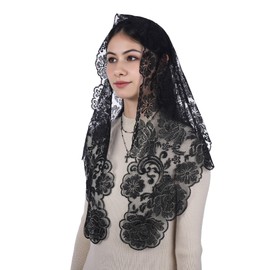 Bozidol Church Catholic Veils for Women, Triangle Black Peony Flower Embroidered Lace Mantilla Chapel Veil, Latin Mass Prayer Scarf Head Coverings with Clips