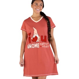 Lazy One Women's Nightgown, Funny V-Neck Sleep Shirt for Women (Valentine Gnome, L/XL)