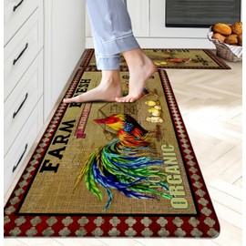 chiinvent Rooster Kitchen Rugs Anti Fatigue Non Slip Waterproof Cushioned Kitchen Mats for Floor Set of 2, Farmhouse Buffalo Plaid PVC Ergonomic Comfort Standing Kitchen Mat for Sink, Office, Laundry