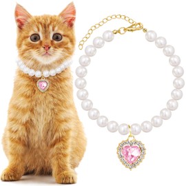 Mxxipp Pearl Collar for Cat Puppy, Small Cute Heart Shape Rhinestone Pet Necklace, Adjustable Wedding Party Pet Jewelry Accessories for Puppy Kitten- Pink