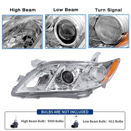 Julypanda Automotive Headlights fit for 2007 2008 2009 Toyota Camry Headlamp Replacement Kit with Chrome Housing Amber Reflector Clear Lens LH+RH