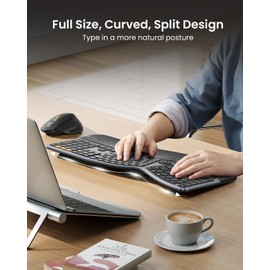 ProtoArc Ergonomic Keyboard Mouse, Full Size Wireless Bluetooth Ergo Keyboard Mouse Combo, Cushioned Palm Rest, Split Design, Rechargeable, Compatible for Windows, Mac OS - Gray and Black