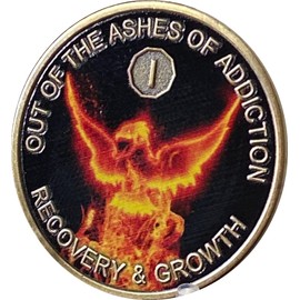 RecoveryChip 1 Year Out Of The Ashes Of Addiction Color Phoenix Rising From Flames Sobriety Medallion, Brass, No Gemstone