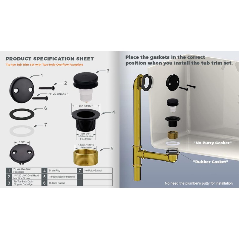 GSTARAM Bathtub Drain Tip-Toe Tub Trim Kit with Two-Hole Overflow