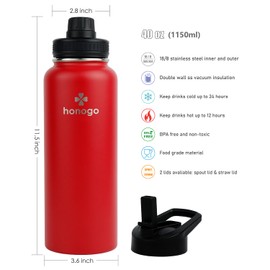 honogo 40 oz Double Wall Insulated Sports Water Bottle for Men, Women & Kids, 18/8 Stainless Steel Wide Mouth Thermal Flask with Straw Lid & Spout Lid, Leak Proof, Keep Hot and Cold (Red, 40 oz)