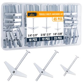 ALBO 45-Piece Heavy Duty Hollow Wall Anchors Kit for Drywall Ceilings with Screw Spring/Includes Toggle Bolts and Wing Nut Assortment in 3 Sizes (1/8in, 3/16in, 1/4in)