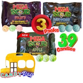 (PACK OF 3) Barnetts Mega Sour Bombs - ALL FLAVORS - Blue Raspberry, Apple, and Fruits - Extremely Sour Candy - 3.2oz Each Bag - Comes With One Bus Resealable ZipBag (Assorted)