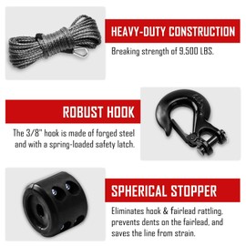 SPARKWHIZ Synthetic Winch Rope Kit 1/4" x 50ft 9500lbs Winch Rope Line Cable with Protective Sleeve, Rubber Stopper and Heavy Duty Winch Hook for Towing ATV UTV SUV