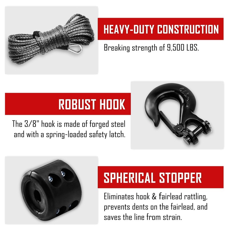 SPARKWHIZ Synthetic Winch Rope Kit 1/4" x 50ft 9500lbs Winch