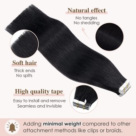 Tess Tape Extensions, Real Hair Tape-in Hair Extensions, Remy Human Hair, 40 Wefts x 4 cm, 100 g – 40 cm (1 Black)