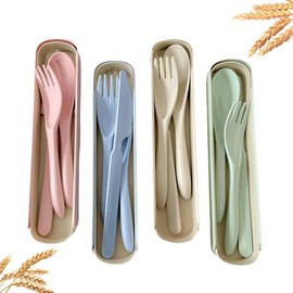 4 Juegos de Cubiertos Portátiles Utensilios Reutilizables con Estuche, Cuchara, Tenedor y Cuchillo para Trabajo, Escuela, Viaje, Lonchera, Picnic, Cam