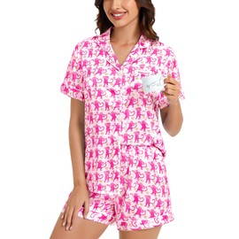 LecGee Womens Silk Satin Pajamas Short Sleeve Loungewear Two-Piece Sleepwear Button-Down Pj Set Pink Monkey-03 Small