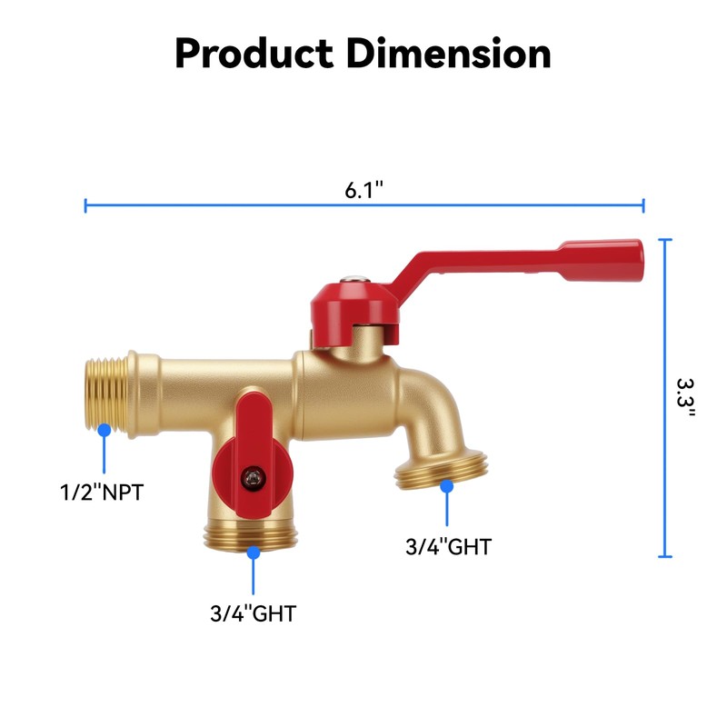 Solimeta Double Taps Water Faucet, 1/2" X3/4" X3/4" Double Outlet