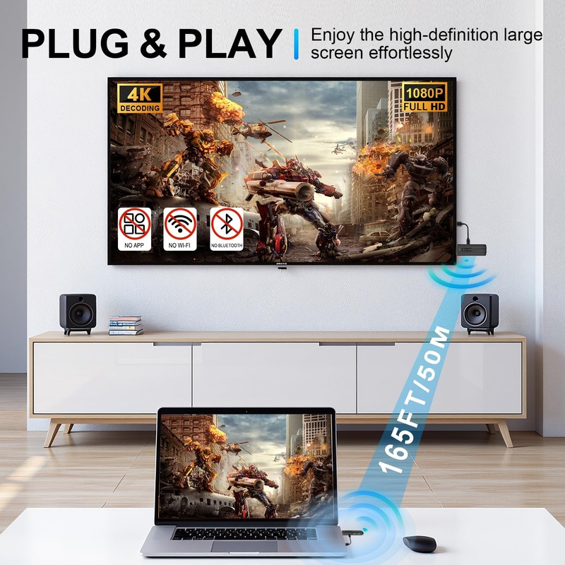 Wireless HDMI Transmitter and Receiver,165FT/50M,4K Decode Input/1080P Full Output,Plug&Play,No Need