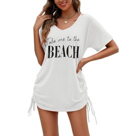 AI'MAGE Women's Beach Dress Summer Beach Tunic Short Bikini Cover Up Summer Dress Beach Poncho Swimwear V-Neck Beach Cover Up Shirt with Drawstring, S-XXL, White+Word