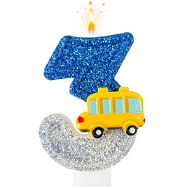 NDZEFAN 3st Birthday Number Candles for School Bus Blue and Silver Birthday Decorations for Boys for Cakes, Parties, Anniversary Celebrations, Bakery Decorations (Number-03)