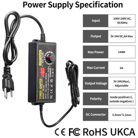 3V~24V 6A 144W Adjustable Power Supply 3V 5V 6V 9V 10V 12V 15V 18V 20V 24V Universal Variable Switching Power AC/DC Adapter,100V-240V AC to DC Converter with 14 Tips & Polarity Converter & 3Test Leads