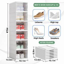 Harmon Wandyer Shoe Storage Organizer Box 6-Tier Foldable Collapsible Stackable Shoe Rack Bins, Fit Size 12, No Assembly, for Men and Women