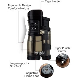 LUBINSKI Torch Lighter and Cutter Gift Set, Multifunction 3 Jet Butane Lighter with Punch, Security Lock, Top Lid with Stand, Stainless Steel 28mm Cutter with Stand (Grey)