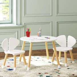 UTEX Kids Table and Chair Set, Toddler Table with Elephant Ear Chairs, 3 Pieces Kids Round Table for Toddlers, Girls, Boys,White