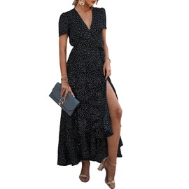 PRETTYGARDEN Women's Summer Wrap Maxi Dress Casual Boho Floral V Neck Short Sleeve Ruffle Hem Split Beach Long Dresses (Black Polka Dot,XX-Large)