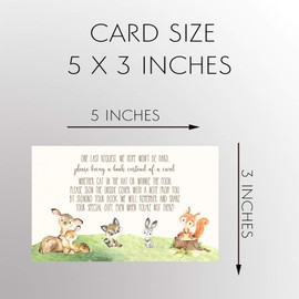 Woodland Baby Shower Book Request Cards Forest Creatures Animals Deer Fawn Fox Bunny Rabbit Raccoon for Girl Boy Baby Shower Unisex Gender Neutral Ivory Green Brown Orange (25 Count)