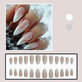 YoYoee Short Almond Press on Nails Glitter Swirl False Nails French Nails Tips Full Cover Nude Fake Nails for Women and Girls 24PCS