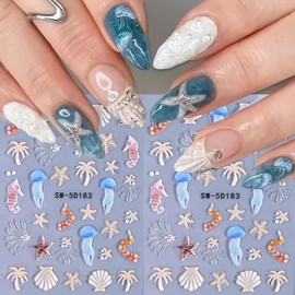 Summer Ocean Theme Nail Art Stickers 5D Embossed Jelly Nail Decals 2PCS Jellyfish Seashells Starfish Summer Nail Design Self-Adhesive Nail Stickers Manicure Supply for Women DIY Nail Art Decorations
